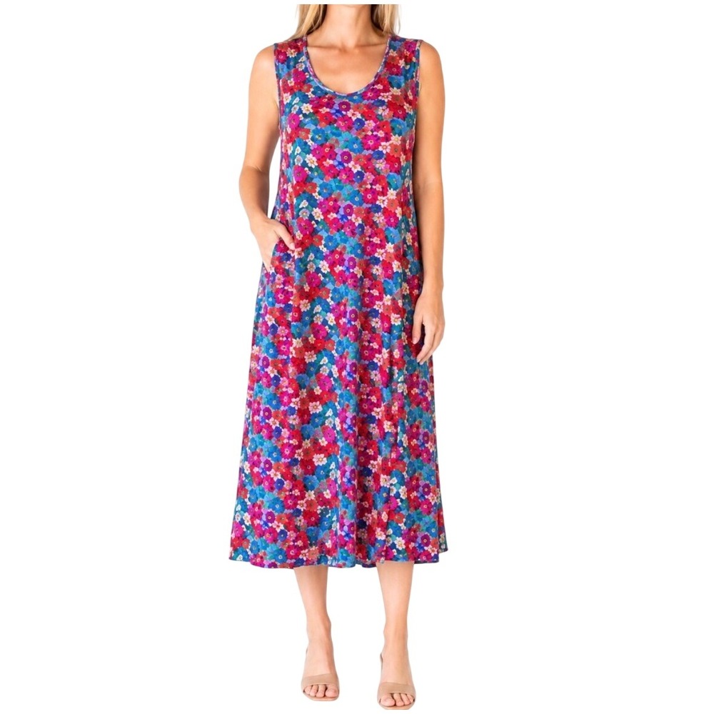 NWT Natural Life Sleeveless Floral Midi Dress Large Blue Pink Pockets